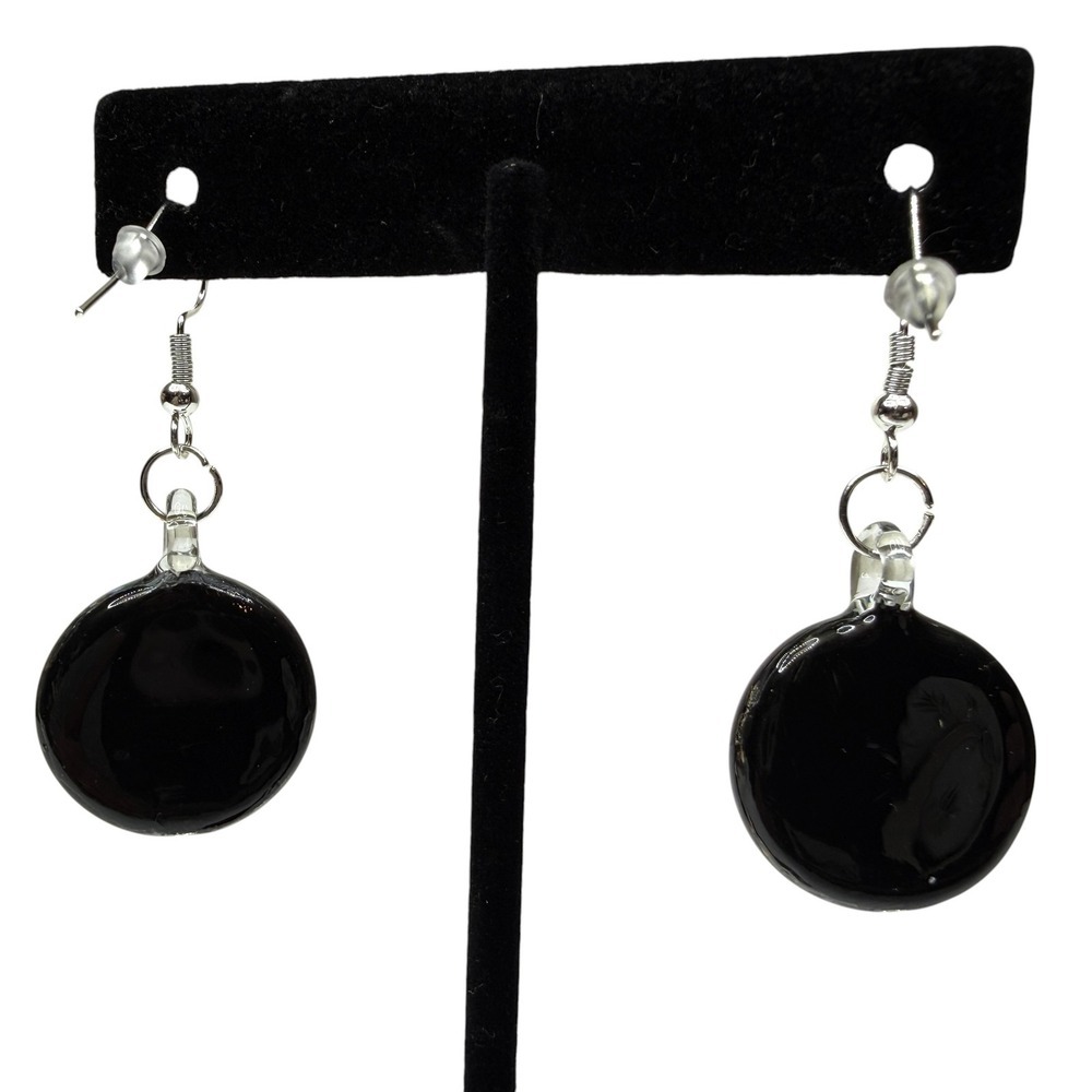 Sterling Silver S925 Glass Black & Grey Swirl Art Dangle Drop Earrings Handmade - Picture 6 of 7
